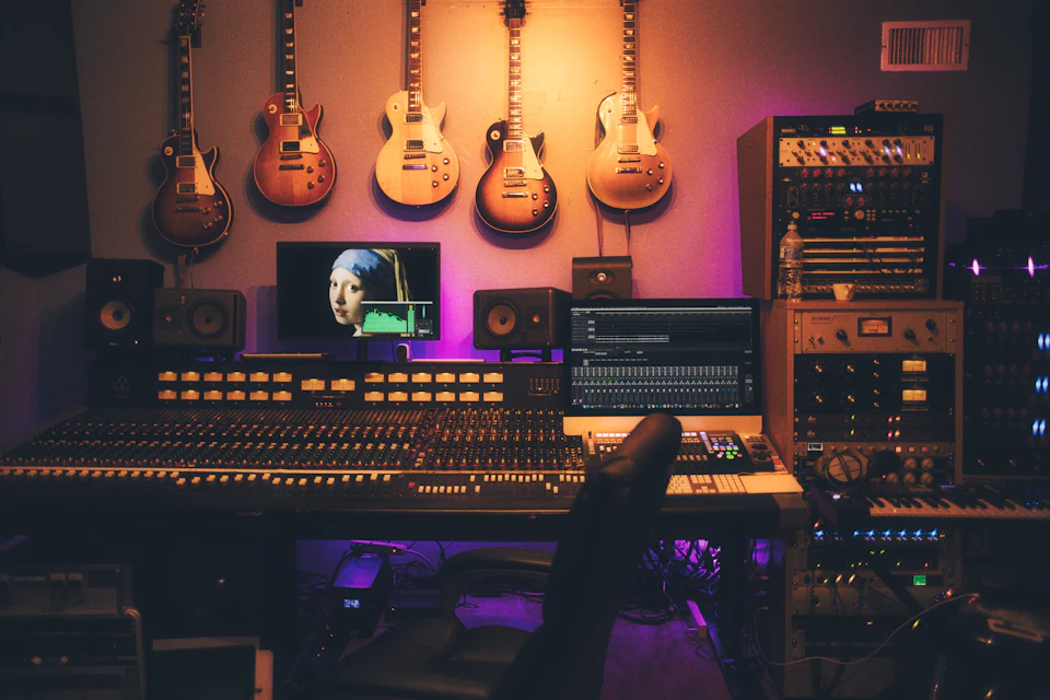 Estudio de grabación con guitarras en la pared y una gran mesa de mezclas